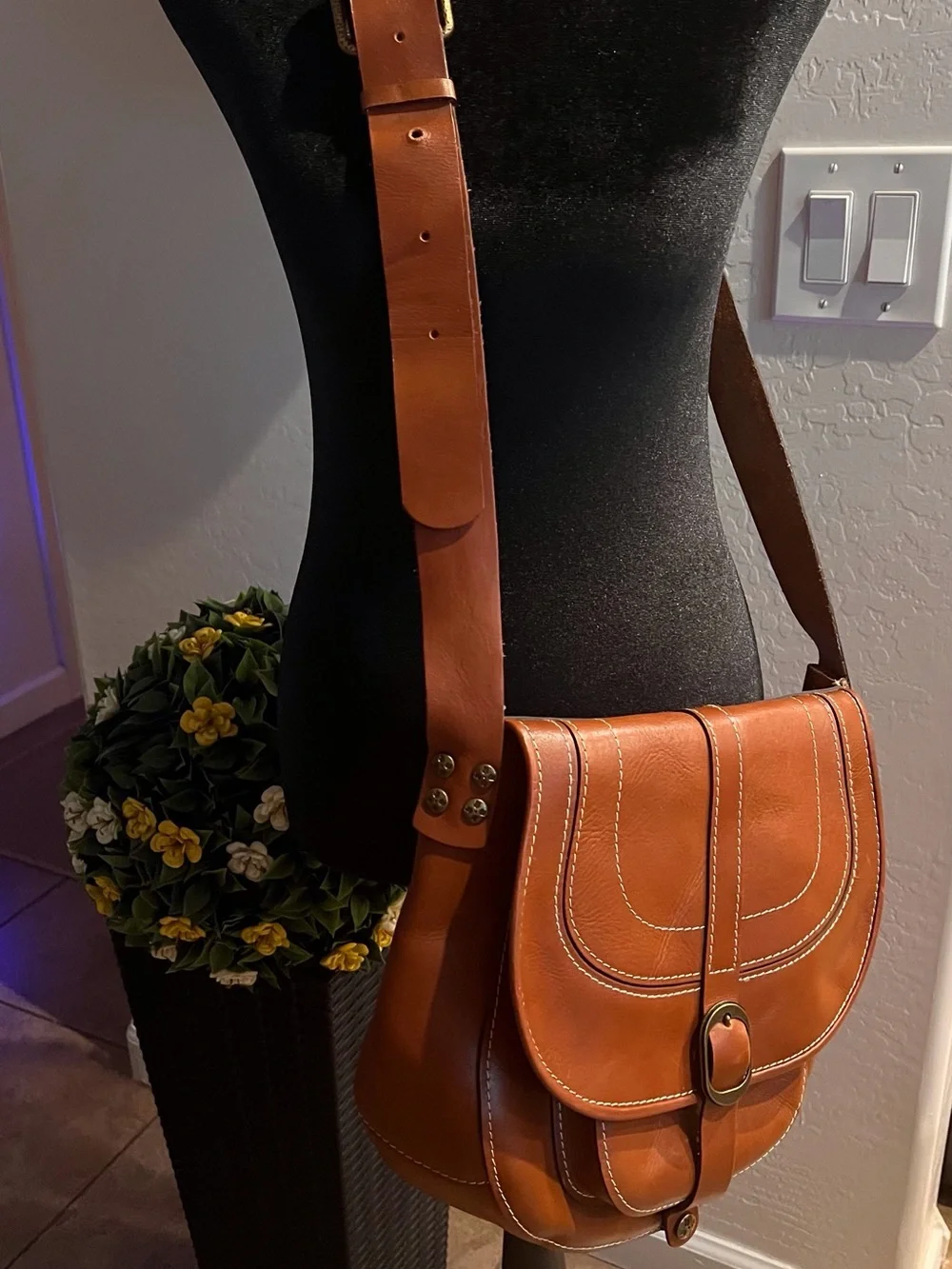 Patricia Nash Cognac Leather Crossbody Saddle Bag